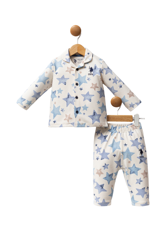 Pijama 2 Piese Crem cu Imprimeu Stele Bleu USB2526 Us Polo Assn