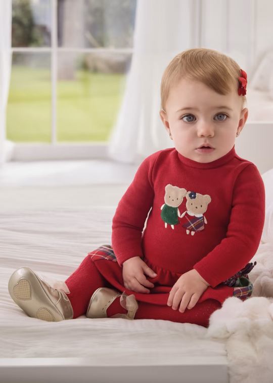Red Long Sleeve Dress with Bears on the Bust and Plaid Ruffle 2863 Mayoral