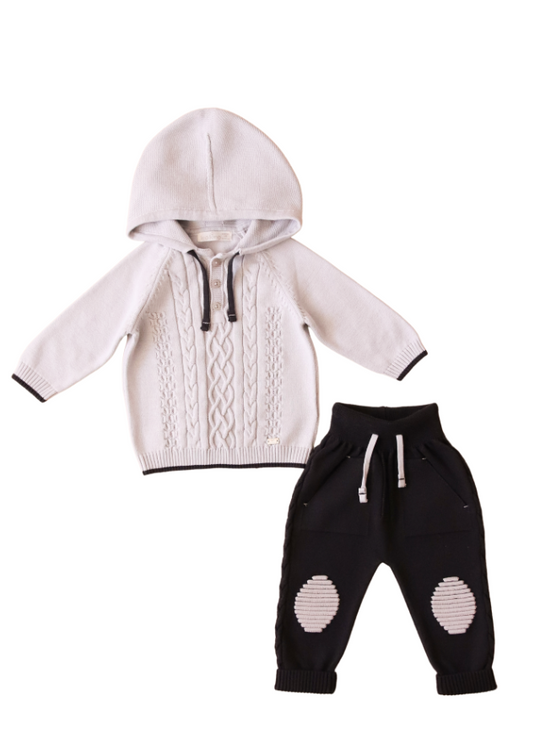 Set of 2 Pieces Knitted Light Gray Hoodie and Dark Gray Pants 8443 Leo King