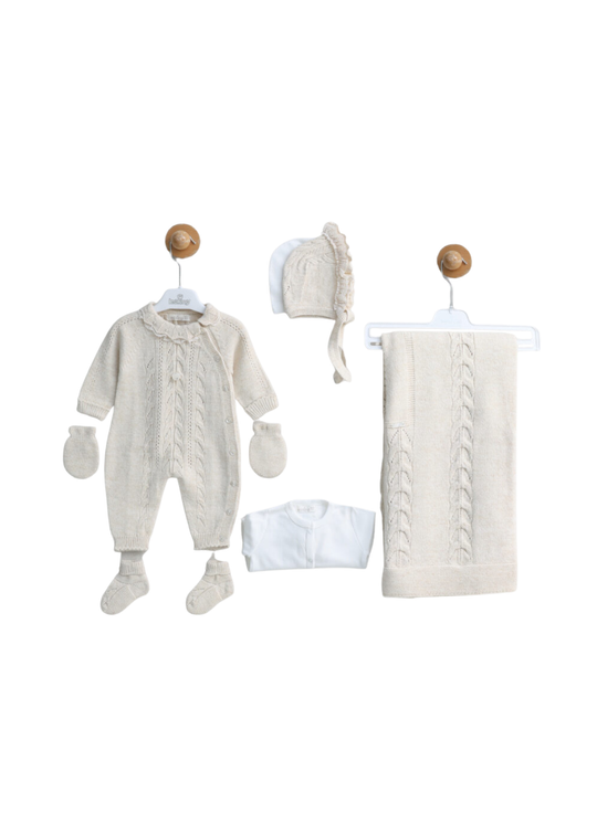 Set Maternitate 8 Piese Tricotat cu Lana Merinos Bleu Bluza si Pantaloni 342 Leo King