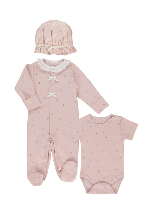Set 3 Piese Salopeta Lunga Body cu Maneca Scurta si Boneta Roz cu Flori Z1048 Bebetto
