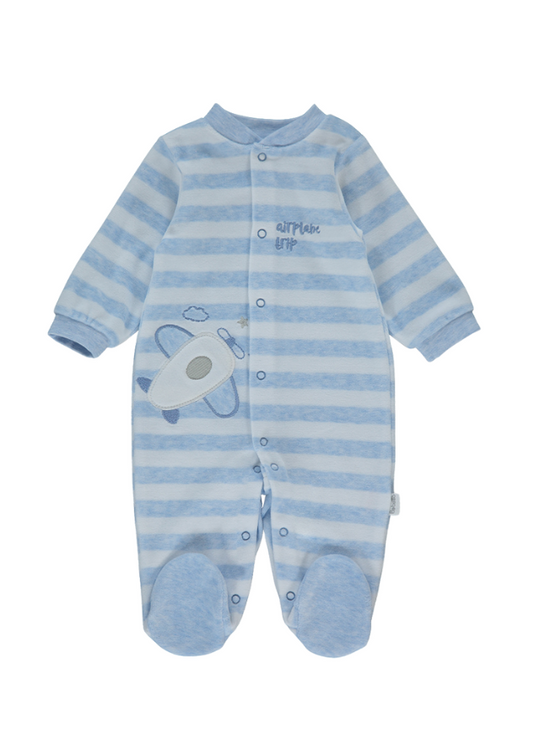 Long Blue Striped Velour Jumpsuit with Airplane Trip K4561 Bebetto