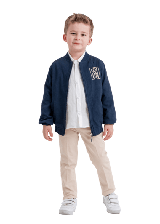 3 Piece Set, Navy Blue Jacket with Zipper, White Shirt and Beige Pants 10099 Lemon