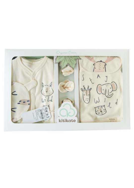 Set 10 Piese Maternitate din Bumbac Organic Crem cu Animalute de Padure S28009 Kitikate
