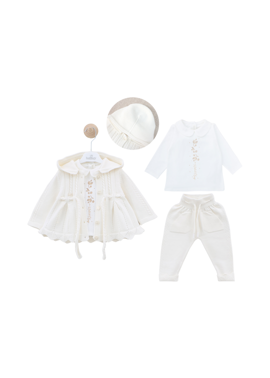 Set 3 Piese Jacheta si Pantaloni Lungi Tricotate Alb si Bluza Bumbac 8019 Leo King