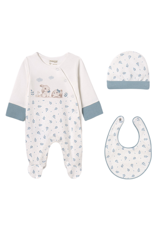 Gift Set 3 Pieces Long Jumpsuit Cream with Blue with Bib and Fes 9516 col 15 Mayoral