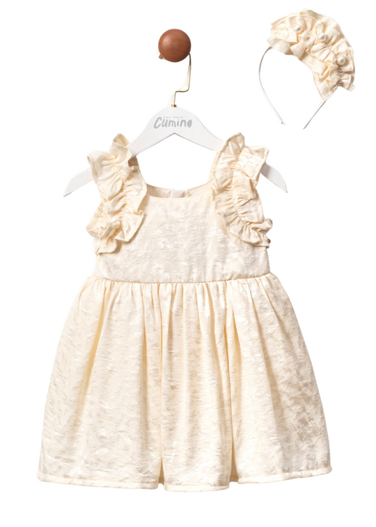 Beige Sleeveless Brocard Dress with Headband Accessorized with Pearls 3462 Mino Baby