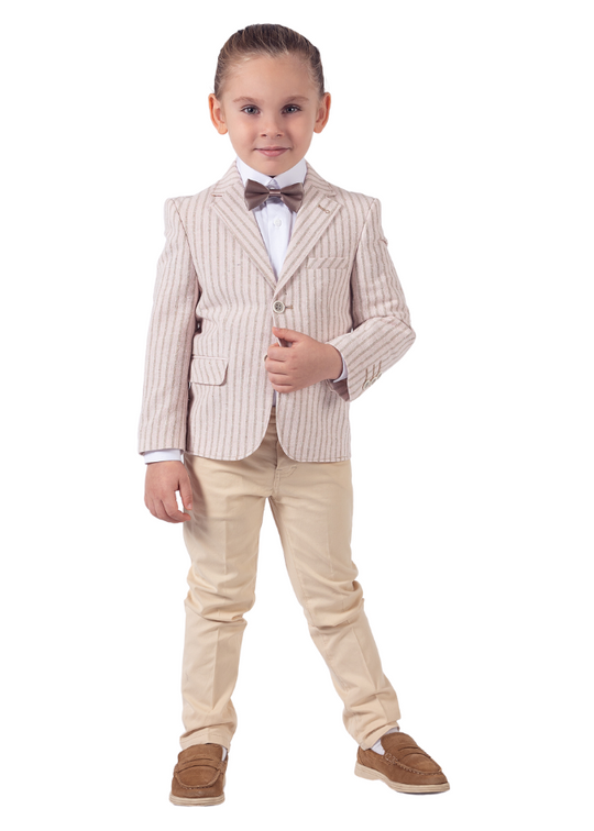 3 Piece Set, Pale Pink Jacket with Beige Stripes, Beige Pants and White Shirt 9819 Lemon