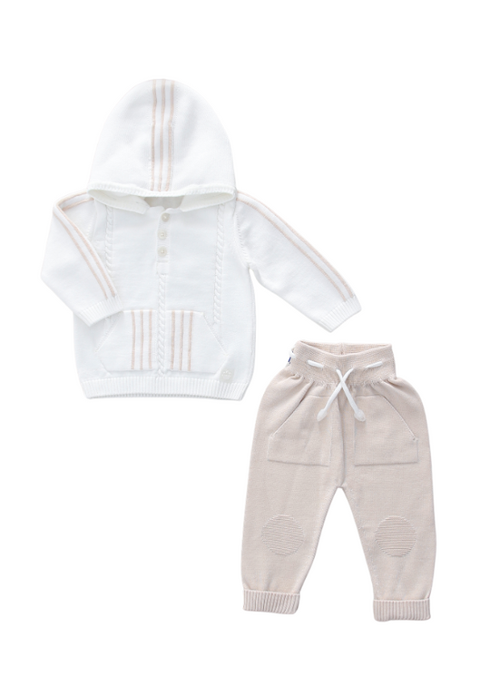 Set of 2 Cotton Knitted Ivory Hooded Sweatshirt and Beige Pants 8507 Leo King
