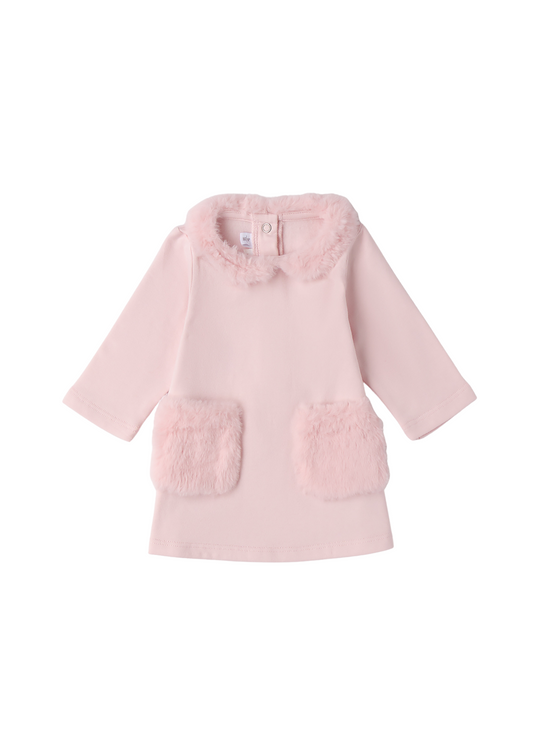 Rochie Roz cu Maneca Lunga cu Blana la Guler si Buzunare 3.F727/00 Minibanda