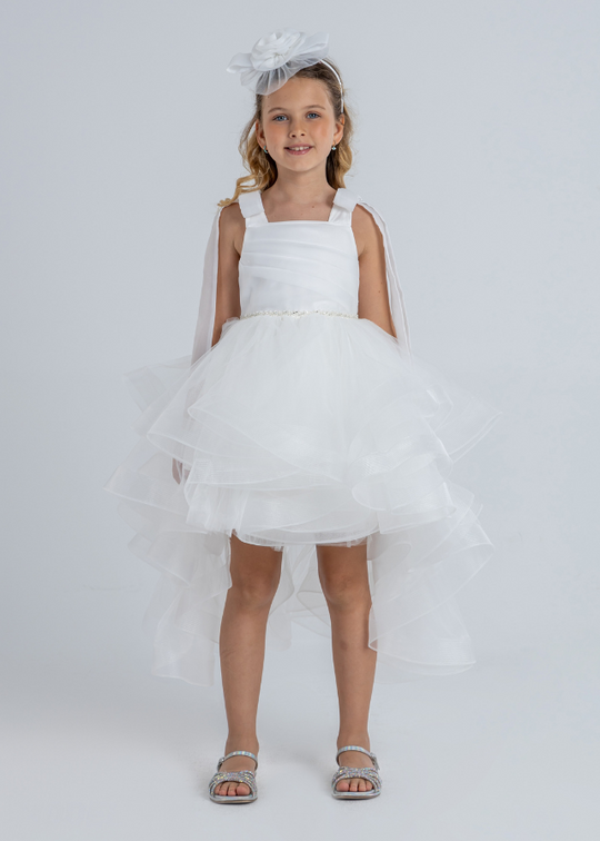 Ivory Organza Bust Prom Dress with Pleats and Bow Straps and Tulle Ruffle Skirt with Train 3010 Mon Princess