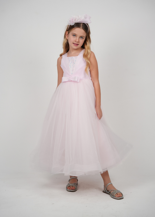 Long Pink Ceremony Dress with Large Sequins on the Bust, Bow at the Waist and Tulle Skirt 3182 Mon Princess