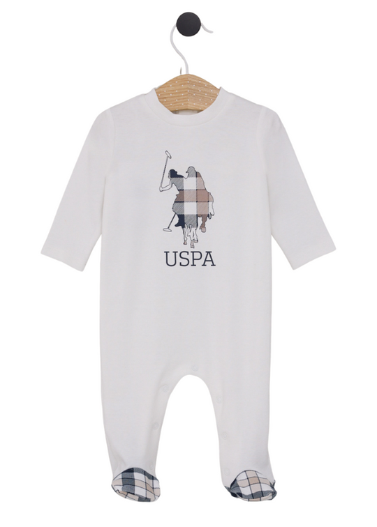 Cream Long Jumpsuit with Beige Plaid Logo USB2059 V1 Us Polo Assn