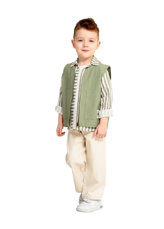 4 Piece Set Beige T-Shirt and Long Pants Green Striped Shirt and Green Zippered Vest 6564 Hype&Grata