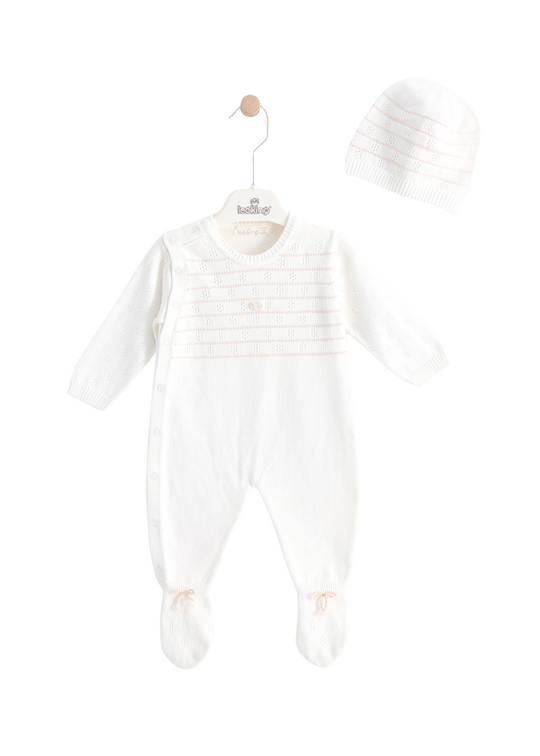 Long white knitted jumpsuit with beige stripes on the chest 7399 Leo King