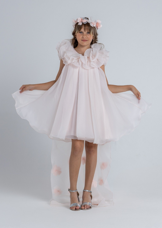 Salmon Organza Ceremony Dress with Train and Ruffle on Shoulders 3038 Mon Princess