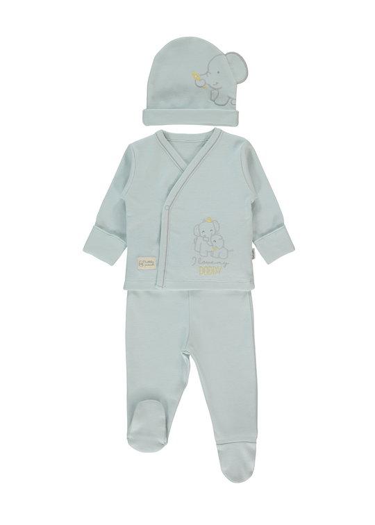 Set 3 Piese Verde Menta Bluza cu Capse Pantaloni Lungi cu Picior si Fes cu elefant Z1053 Bebetto