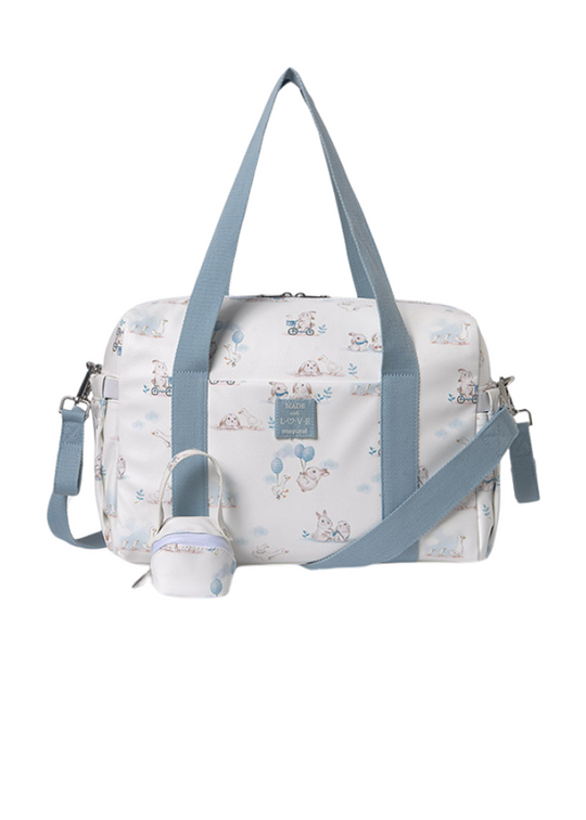 Cream and blue maternity bag with rabbit print 19502 Mayoral