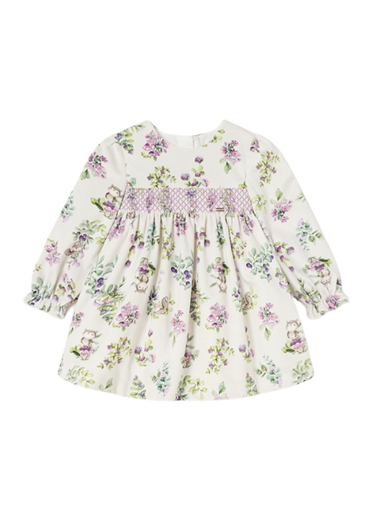 Cream velvet dress with long sleeve purple flower print 2913 Mayoral