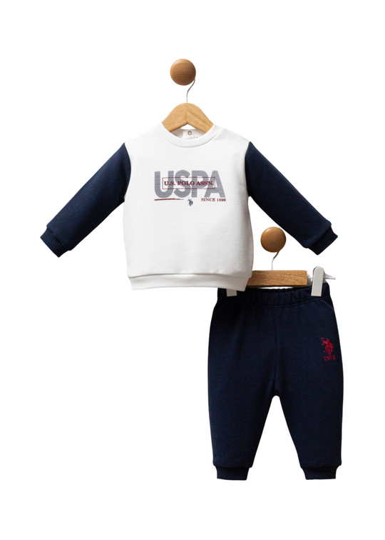 Trening 2 Piese Bluza Alb cu Maneci Bleumarin si Pantaloni Lungi Bleumarin USB2563 Us Polo Assn