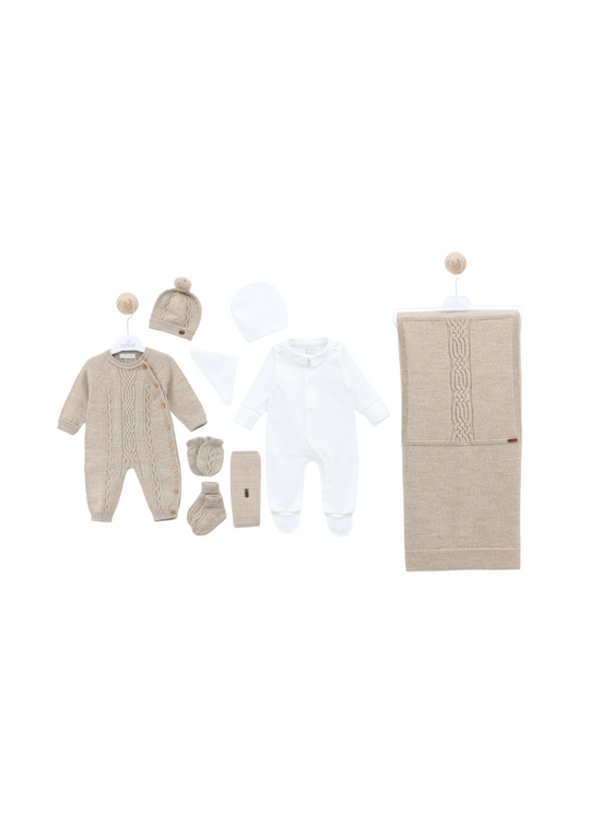 Set Maternitate 7 Piese Tricotat cu Lana Merinos Bej Salopeta 3441 Leo King