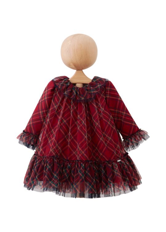 Red Plaid Tulle Dress with Ruffle Collar 5453 MyMio