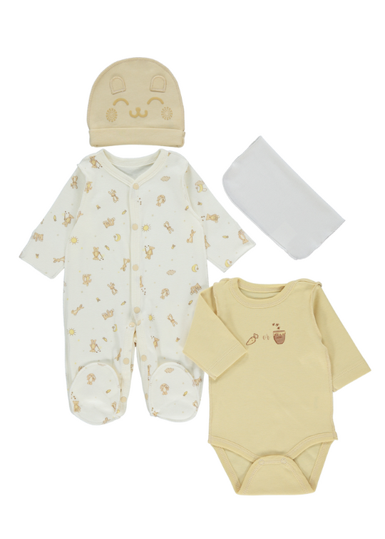 Set of 4 Cream and Beige Bibs with Teddy Bears and Rabbits, Body, Fes and Bib Organic Bee Hunters Z920 Bebetto