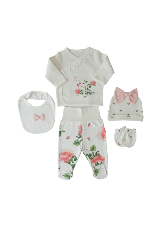 Set 5 Piese Nou Nascut din Bumbac Organic Crem cu Flori S60121 Kitikate