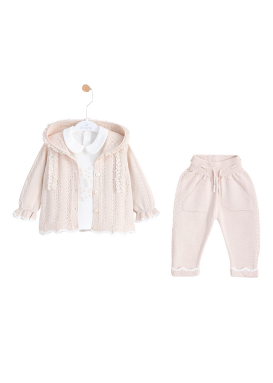 Set of 3 Pieces Beige Knitted Hoodie with Lace Pants and Blouse 8525 Leo King