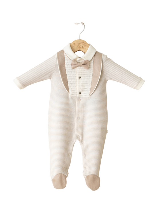 Cream Beige Long Jumpsuit with Shawl Collar and Bow Tie 4084 MyMio