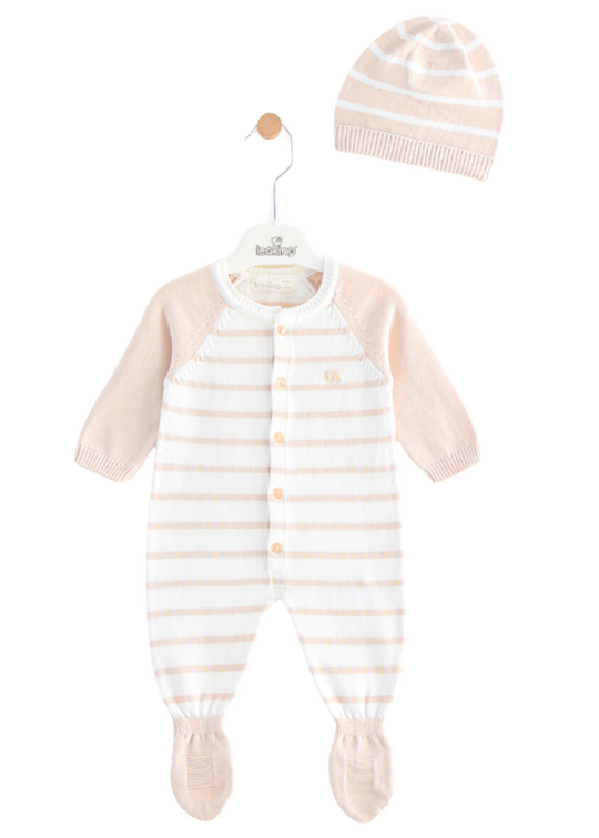 Long White Knitted Jumpsuit with Beige Stripes 7408 Leo King