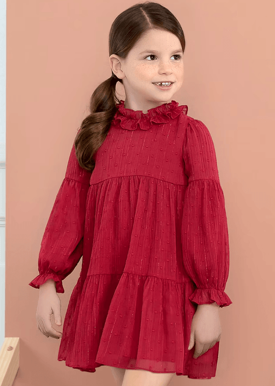Red Long Sleeve Dress in Voile with Ruffles at Collar 5535 Abel & Lula