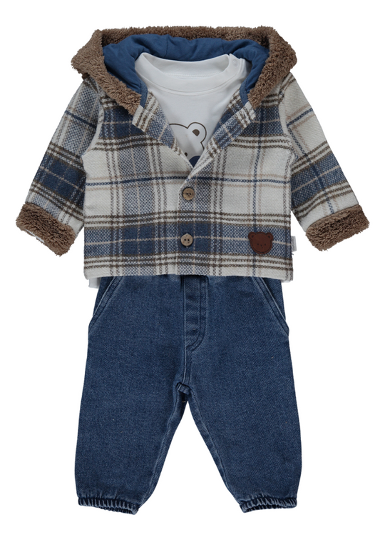 Set of 3 Pieces Blue Plaid Fabric Jacket Cream Blouse and Blue Jeans Teddy Bear K4481 Bebett