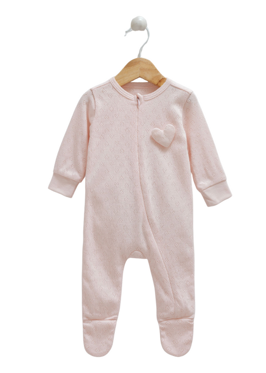 Long Pink Perforated Cotton Jumpsuit with Zipper and Heart on Bust 9854 Mell Sweet Baby