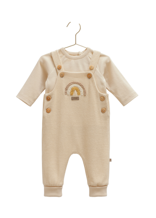 Set 2 Piese Salopeta Lunga Bej cu Curcubeu si Bretele si Bluza cu Maneca Lunga SLE2056 Mell Sweet Baby