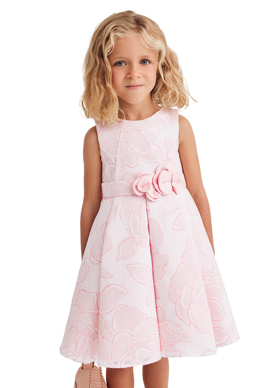 Salmon Taffeta and Viscose Floral Print Dress with Cutout Back and Flowers at Waist 5038 Abel & Lula