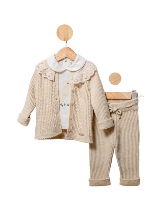 3 Piece Set Beige Merino Wool Cardigan and Pants and Cotton Blouse with Ratusca 9576 Leo King