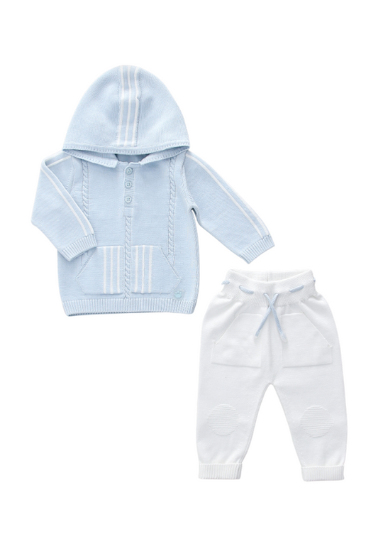 Set of 2 Cotton Knitted Blue Hoodie with White Pants 8507 Leo King