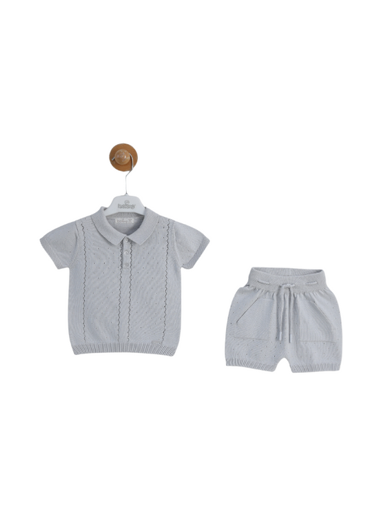 2 Piece Set Grey Knitted Short Sleeve Polo Collar Blouse and Shorts 8156 Leo King