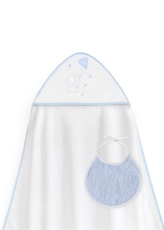 Prosop cu Capison 100x100 cm si Bavetica Alb-Bleu cu Elefantel 01247-11 Interbaby