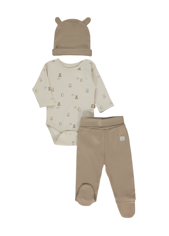 Set 3 Piese Body Bej cu Imprimeu Ursi Pantaloni Lungi si Fes Maro T4093 Bebetto