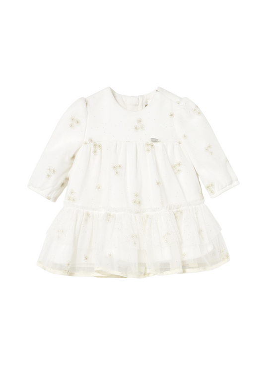 Rochie Tulle Crem cu Maneca Lunga Broderie Flori Aurii 2817 Mayoral