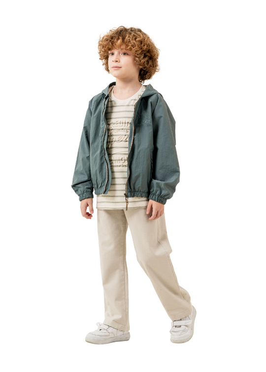 3 Piece Set Petrol Grey Fleece Jacket Cream Striped T-Shirt and Beige Long Pants 6880 Hype&Grata