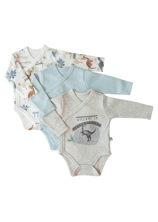 Set of 3 Gray and Blue Dinosaur Long Sleeve Organic Cotton Bodysuit S23974 KitiKate