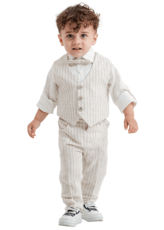 3 Piece Set, Vest and Beige Pants with Green Stripes and White Shirt 9978 Lemon