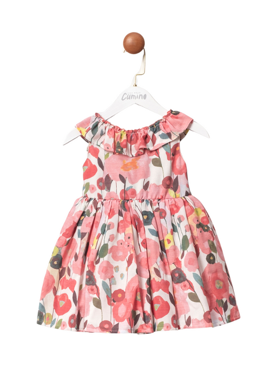 Dress with Corai Flower Print without Sleeves and Ruffle at Collar 3416 Mino Baby