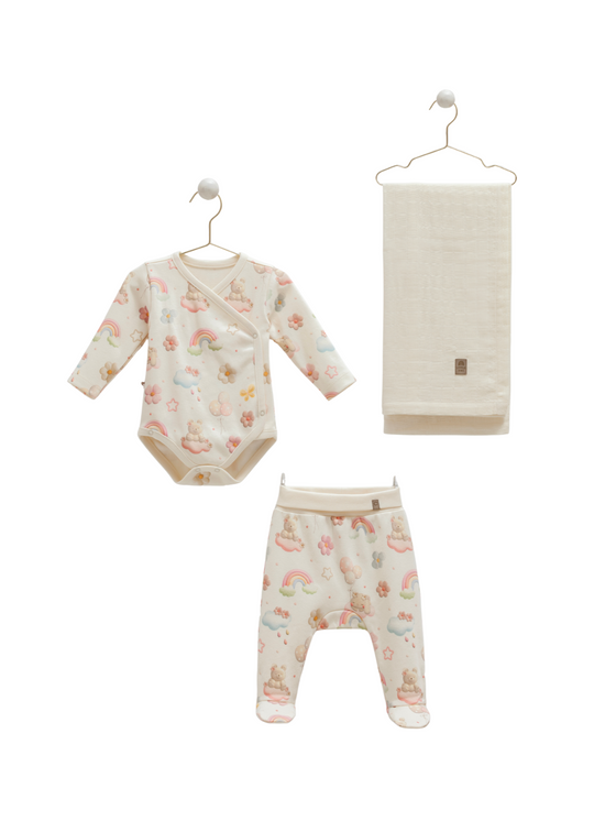 Set 3 Piese Body cu Maneca Lunga si Pantaloni Lungi cu Picior Bej cu Imprimeu si Scutec din Muselina Crem BPB2186 Mell Sweet Bay