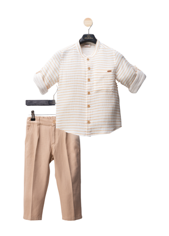 2 Piece Set Cream Shirt with Beige Stripes and Camel Long Pants M54191 Midimod Gold