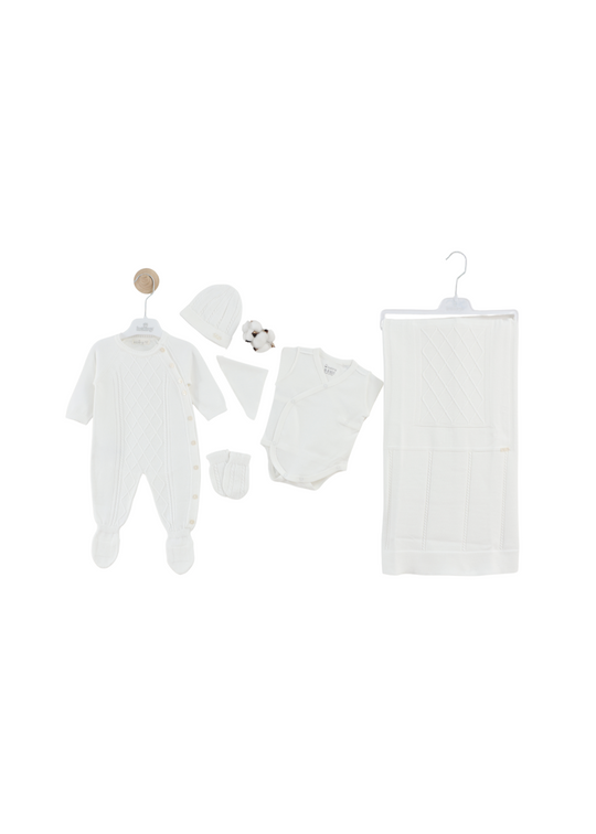 Set 6 Piese Maternitate Tricotat Bumbac Alb cu Salopeta 3125 Leo king