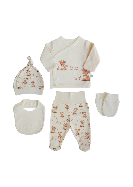 Set 5 Piese Nou Nascut din Bumbac Organic Bej cu Caprioare S60269 Kitikate